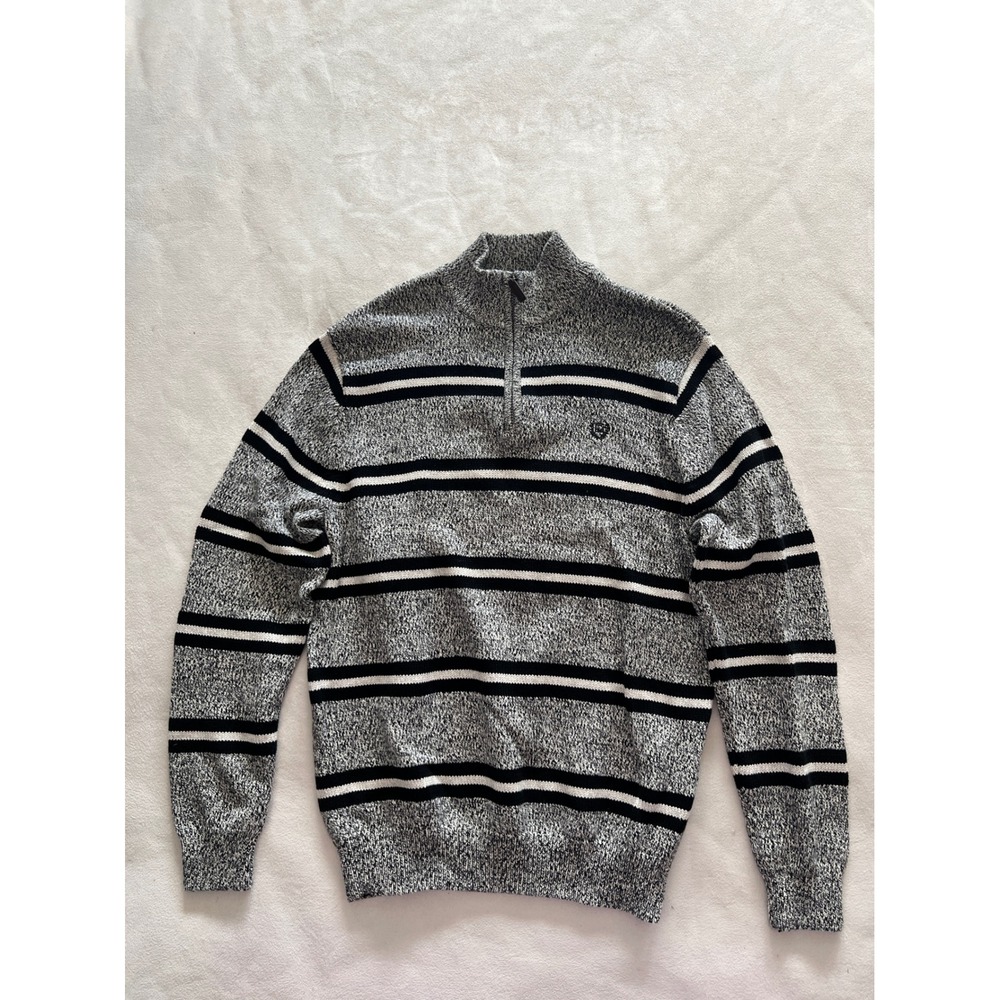 Chaps Mens Twist Mockneck Sweater Black White Striped Quarter Zip Pullover L